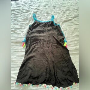 Black swim coverup with Blue Trim and Tassels and poms